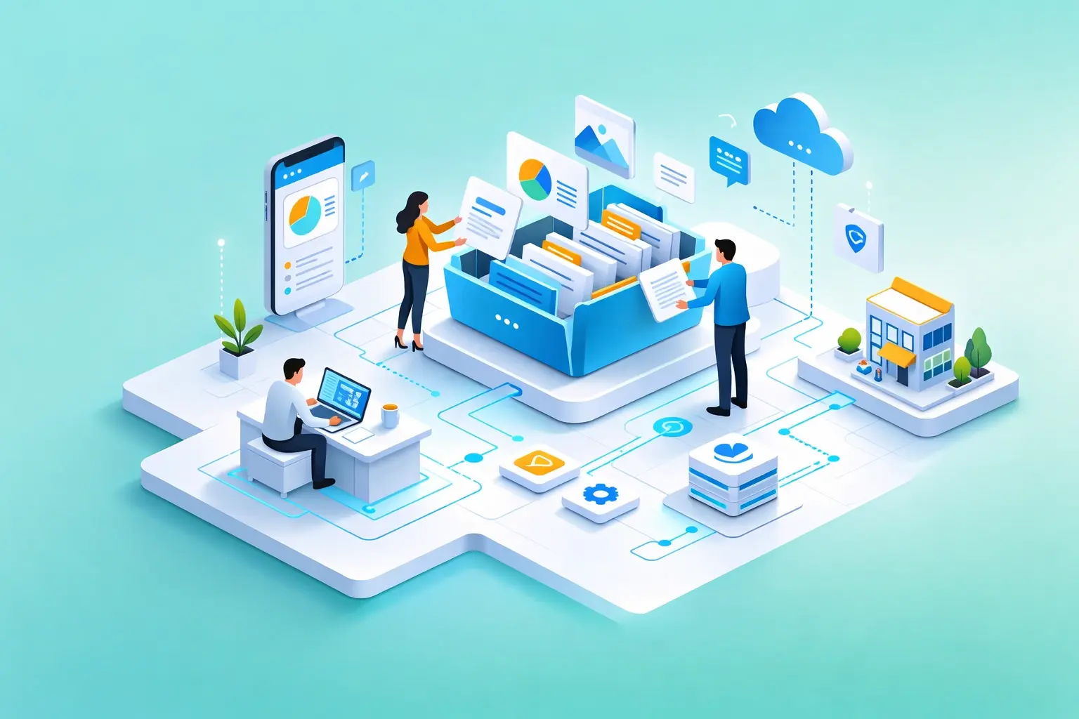 Illustration d'une équipe partageant ses documents dans un environnement de travail collaboratif