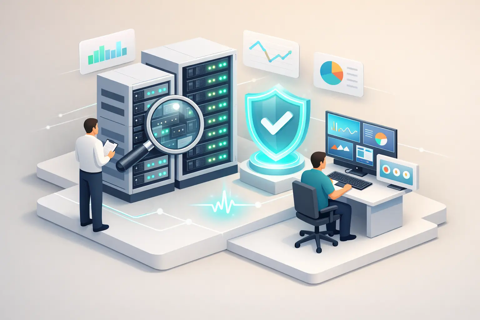 Illustration du suivi des équipements, de la surveillance des serveurs et de la sécurité informatique