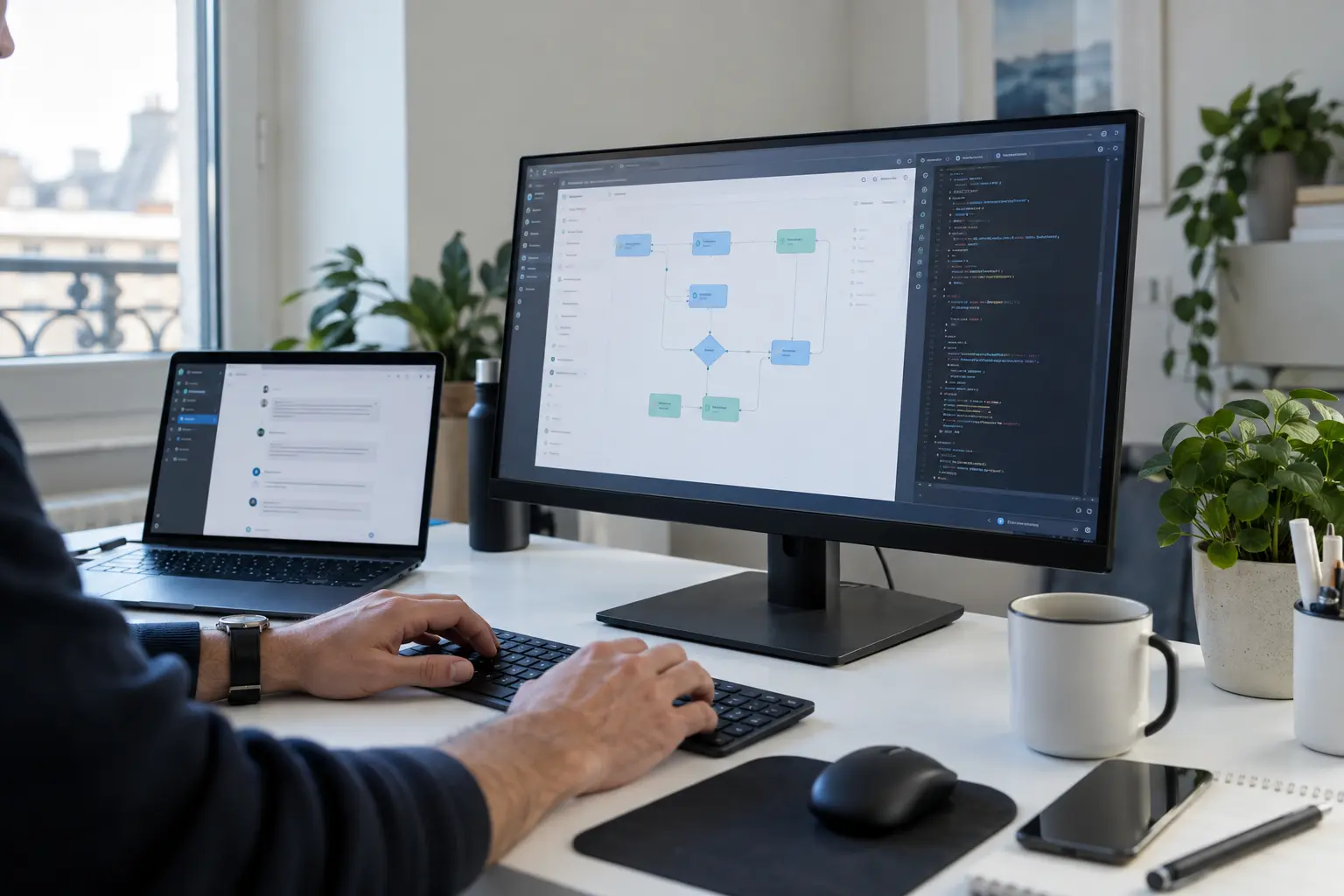 Poste de travail présentant un parcours d’automatisation et un assistant IA
