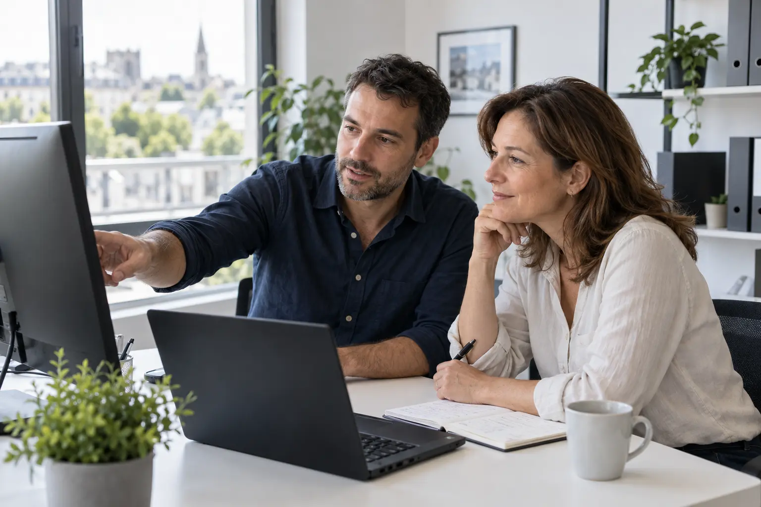 Échange autour d’un poste informatique dans un bureau professionnel lumineux