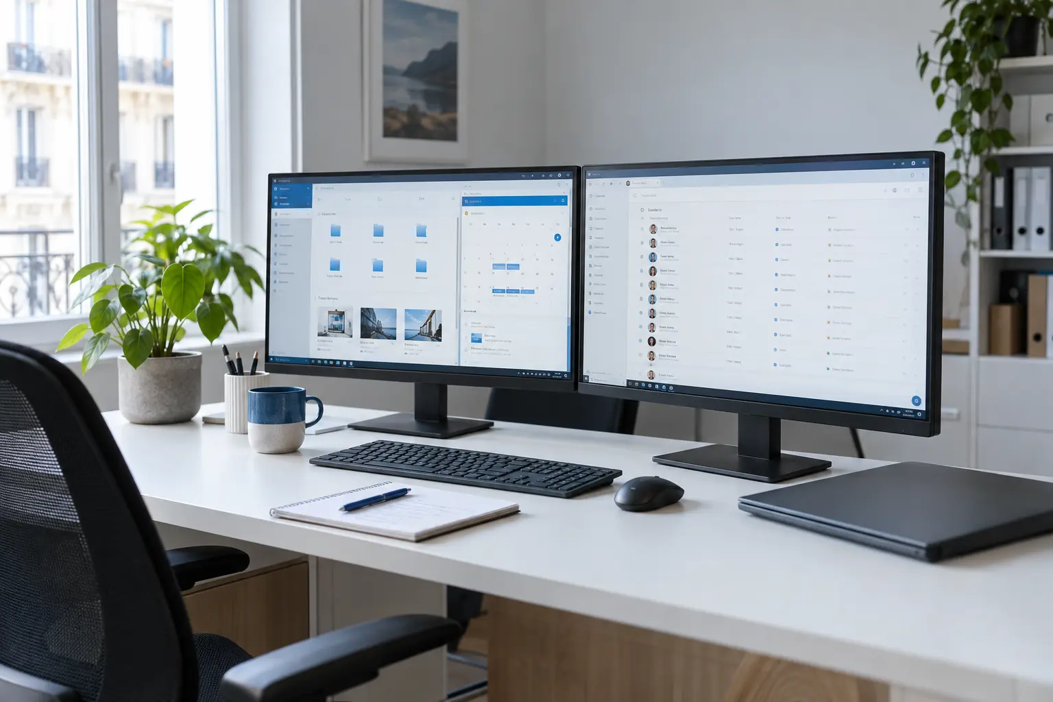 Bureau professionnel avec des logiciels de partage de documents, d’agenda et de gestion des contacts