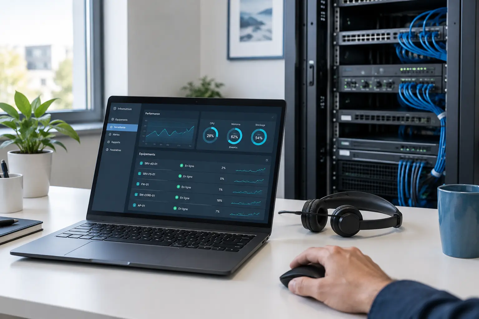 Tableau de supervision informatique sur un ordinateur portable, casque de support et baie réseau